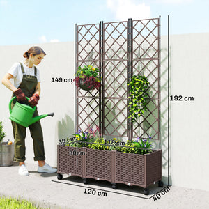 Jardinière avec treillis, bac à fleurs sur roulettes, lit surélevé en plastique avec système d'auto-arrosage, trous de drainage, pour plantes grimpantes, légumes, fleurs, 120x40x192cm, marron