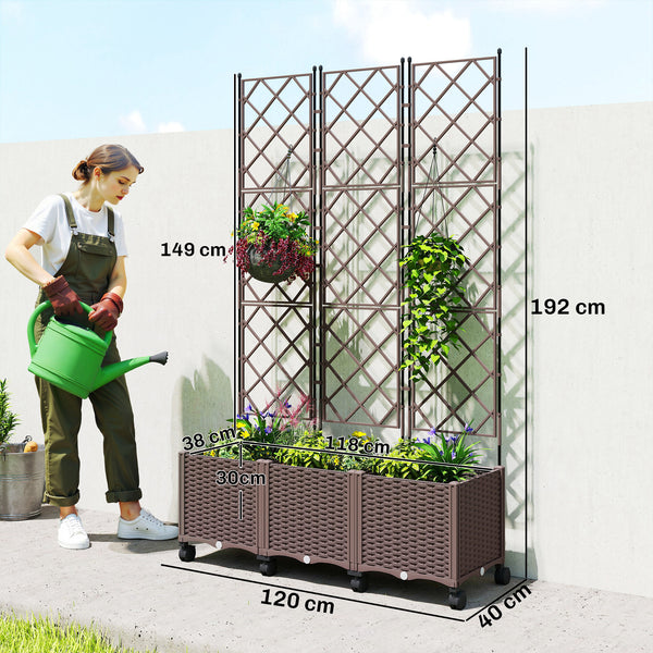 Jardinière avec treillis, bac à fleurs sur roulettes, lit surélevé en plastique avec système d'auto-arrosage, trous de drainage, pour plantes grimpantes, légumes, fleurs, 120x40x192cm, marron