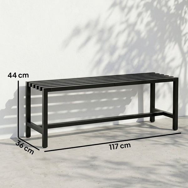 Banc de Jardin 2 Places en Acier Galvanisé, Assise à Lattes, Sans Dossier, Banc d'Extérieur pour Patio Balcon Parc Terrasse, Capacité 240 kg, 117x36x44cm, Noir