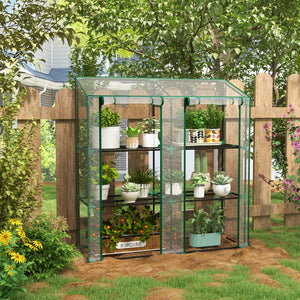 Serre de jardin PE avec étagères 3 niveaux, serre de balcon, bâche renforcée 140 g/m², châssis en acier, 2 portes zippées enroulables, pour légumes plantes fleurs, 143x46x51cm, transparent