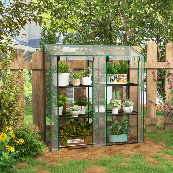 Serre de jardin PE avec étagères 3 niveaux, serre de balcon, bâche renforcée 140 g/m², châssis en acier, 2 portes zippées enroulables, pour légumes plantes fleurs, 143x46x51cm, transparent