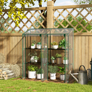 Serre de jardin PE avec étagères 3 niveaux, serre de balcon, bâche renforcée 140 g/m², châssis en acier, 2 portes zippées enroulables, pour légumes plantes fleurs, 143x46x51cm, transparent