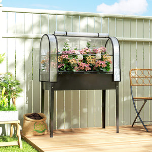 Potager sur Pieds avec Serre Rabattable, Jardinière Surélevée en Métal avec Volume 97L, Trou de Drainage, pour Plantes Fleurs Légumes, 100 x 49 x 136 cm, Noir