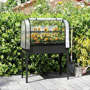 Potager sur Pieds avec Serre Rabattable, Jardinière Surélevée en Métal avec Volume 97L, Trou de Drainage, pour Plantes Fleurs Légumes, 100 x 49 x 136 cm, Noir