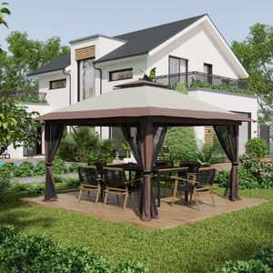 Tonnelle de jardin extérieur barnum de jardin pop-up tente pliant 4 x 4 m double toit protection UV 50+ 4 moustiquaires, 4 sacs de sable, 1 sac de transport tissu Oxford métal beige et marron
