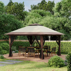 Tonnelle de jardin extérieur barnum de jardin pop-up tente pliant 4 x 4 m double toit protection UV 50+ 4 moustiquaires, 4 sacs de sable, 1 sac de transport tissu Oxford métal beige et marron