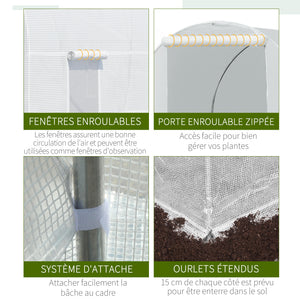 Serre tunnel de jardin 9m², serre de jardin tunnel 445x200x200cm avec porte et 6 fenêtres, pour extérieur, toutes saisons, légumes, fruits, fleurs, bâche PE haute densité 140 g/m² blanc