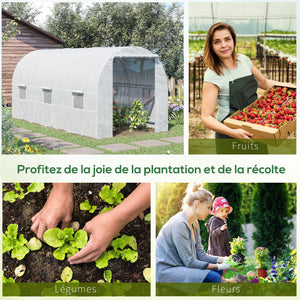 Serre tunnel de jardin 9m², serre de jardin tunnel 445x200x200cm avec porte et 6 fenêtres, pour extérieur, toutes saisons, légumes, fruits, fleurs, bâche PE haute densité 140 g/m² blanc