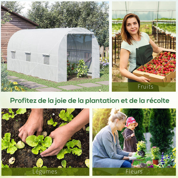 Serre tunnel de jardin 9m², serre de jardin tunnel 445x200x200cm avec porte et 6 fenêtres, pour extérieur, toutes saisons, légumes, fruits, fleurs, bâche PE haute densité 140 g/m² blanc