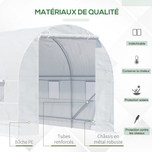 Serre tunnel de jardin 9m², serre de jardin tunnel 445x200x200cm avec porte et 6 fenêtres, pour extérieur, toutes saisons, légumes, fruits, fleurs, bâche PE haute densité 140 g/m² blanc