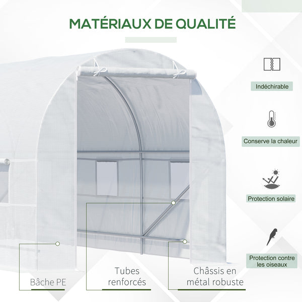 Serre tunnel de jardin 9m², serre de jardin tunnel 445x200x200cm avec porte et 6 fenêtres, pour extérieur, toutes saisons, légumes, fruits, fleurs, bâche PE haute densité 140 g/m² blanc