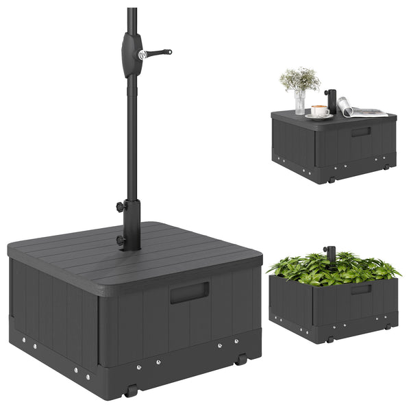 Pied de parasol base de lestage table d'appoint jardinière avec drainage roulettes et poignées PE et métal dim. 53L x 53l x 47H cm noir