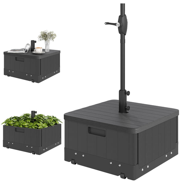 Pied de parasol base de lestage table d'appoint jardinière avec drainage roulettes et poignées PE et métal dim. 53L x 53l x 47H cm noir