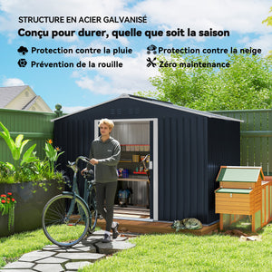 Abri de jardin en acier galvanisé XXL 5,4 m² avec kit de fondation 277x195x192cm, cabane de jardin toit en fibre de verre, cabanon rangement outils portes coulissantes 4 aérations gris foncé