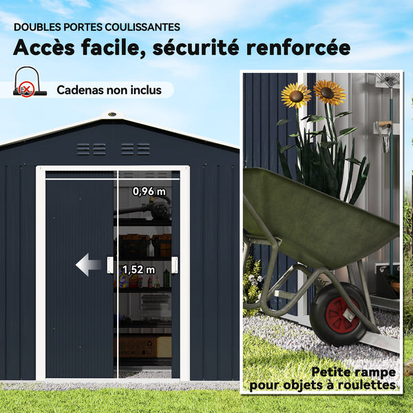 Abri de jardin en acier galvanisé XXL 5,4 m² avec kit de fondation 277x195x192cm, cabane de jardin toit en fibre de verre, cabanon rangement outils portes coulissantes 4 aérations gris foncé