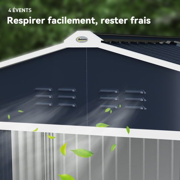Abri de jardin en acier galvanisé XXL 5,4 m² avec kit de fondation 277x195x192cm, cabane de jardin toit en fibre de verre, cabanon rangement outils portes coulissantes 4 aérations gris foncé