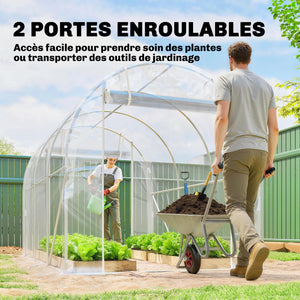 Serre tunnel de jardin 6m², serre de jardin tunnel 195x295x195cm avec cadre acier galvanisé, 2 portes, bâche PE haute densité 150g/m² prolongée de 20 cm, pour extérieur transparent