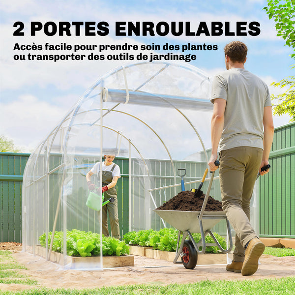 Serre tunnel de jardin 6m², serre de jardin tunnel 195x295x195cm avec cadre acier galvanisé, 2 portes, bâche PE haute densité 150g/m² prolongée de 20 cm, pour extérieur transparent