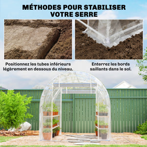Serre tunnel de jardin 6m², serre de jardin tunnel 195x295x195cm avec cadre acier galvanisé, 2 portes, bâche PE haute densité 150g/m² prolongée de 20 cm, pour extérieur transparent