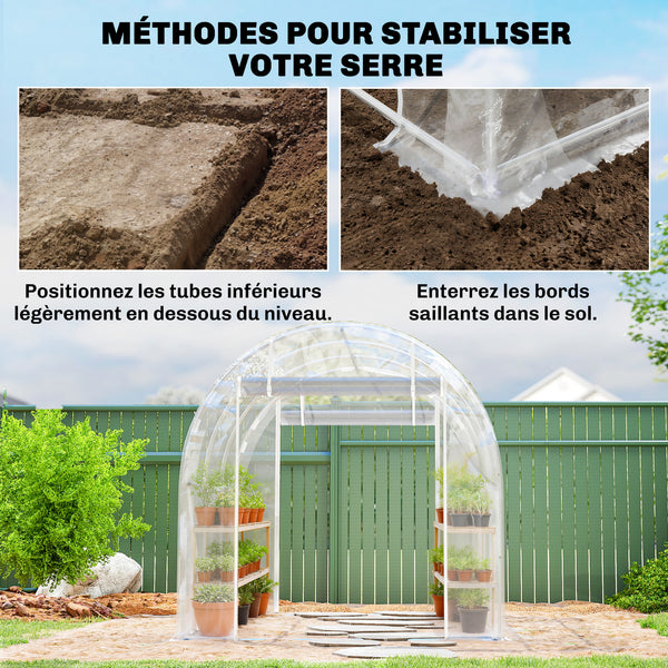 Serre tunnel de jardin 6m², serre de jardin tunnel 195x295x195cm avec cadre acier galvanisé, 2 portes, bâche PE haute densité 150g/m² prolongée de 20 cm, pour extérieur transparent