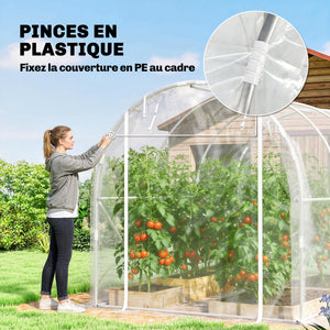 Serre tunnel de jardin 6m², serre de jardin tunnel 195x295x195cm avec cadre acier galvanisé, 2 portes, bâche PE haute densité 150g/m² prolongée de 20 cm, pour extérieur transparent