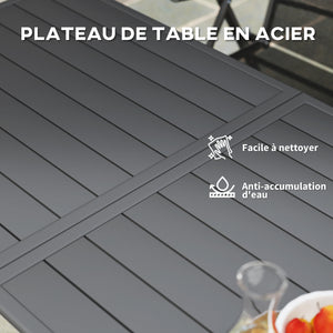 Table à manger de jardin pour 6 personnes, table de jardin avec plateau à lattes rectangulaire en acier anti-rouille, pour patio, terrasse, balcon, 150 x 80 x 74 cm, gris
