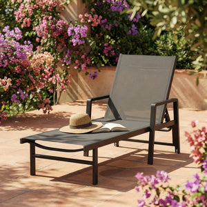Chaise Longue Jardin Réglable à 4 Positions avec Roues et Accoudoirs, en Textilène et Aluminium, Bain de Soleil pour Terrasse Piscine Jardin Plage, 65x189x80cm, Gris Foncé