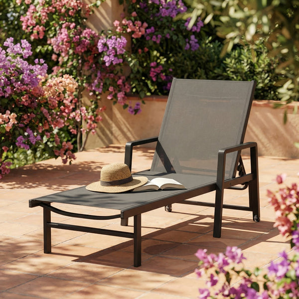 Chaise Longue Jardin Réglable à 4 Positions avec Roues et Accoudoirs, en Textilène et Aluminium, Bain de Soleil pour Terrasse Piscine Jardin Plage, 65x189x80cm, Gris Foncé