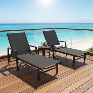 Chaise Longue Jardin Réglable à 4 Positions avec Roues et Accoudoirs, en Textilène et Aluminium, Bain de Soleil pour Terrasse Piscine Jardin Plage, 65x189x80cm, Gris Foncé