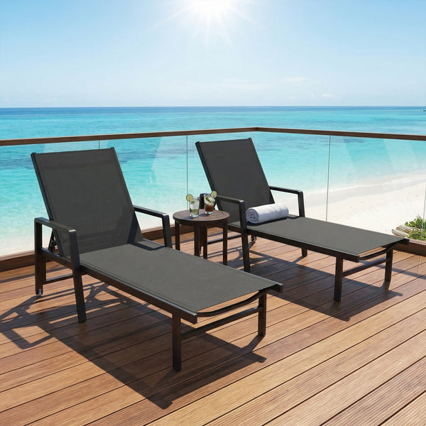 Chaise Longue Jardin Réglable à 4 Positions avec Roues et Accoudoirs, en Textilène et Aluminium, Bain de Soleil pour Terrasse Piscine Jardin Plage, 65x189x80cm, Gris Foncé