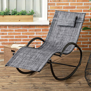 Chaise longue à bascule, transat de jardin ergonomique, bain de soleil, avec tétière, rocking chair, textilène, utilisation extérieure intérieure, gris chiné