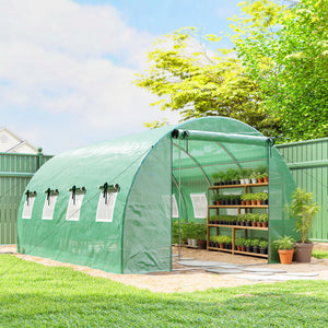 Serre tunnel de jardin 12m², serre de jardin tunnel 295x400x200cm avec cadre en acier galvanisé, 2 portes et 8 fenêtres avec moustiquaires pour extérieur bâche PE haute densité 140 g/m² vert