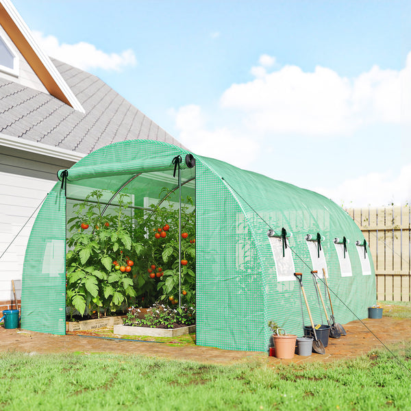 Serre tunnel de jardin 12m², serre de jardin tunnel 295x400x200cm avec cadre en acier galvanisé, 2 portes et 8 fenêtres avec moustiquaires pour extérieur bâche PE haute densité 140 g/m² vert