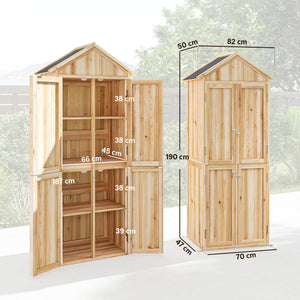 Armoire de Jardin en Bois, Abri à Outils 190cm et 4 Portes - Rangement Extérieur Toit en Pointe en Asphalte - Cabane de Jardin avec Étagères Amovibles pour Terrasse Balcon, Bois Naturel