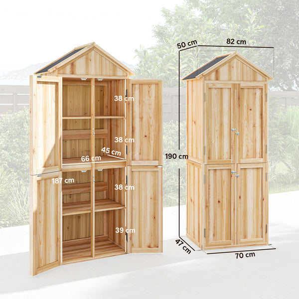 Armoire de Jardin en Bois, Abri à Outils 190cm et 4 Portes - Rangement Extérieur Toit en Pointe en Asphalte - Cabane de Jardin avec Étagères Amovibles pour Terrasse Balcon, Bois Naturel