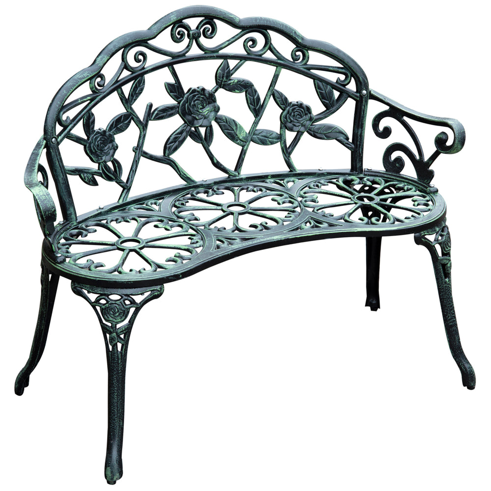 Banc de Jardin 2 Places Style néo-rétro Motif Rose Lignes fuselées 100L x 54l x 78H cm Fonte d'aluminium Vert Vieilli
