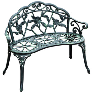 Banc de Jardin 2 Places Style néo-rétro Motif Rose Lignes fuselées 100L x 54l x 78H cm Fonte d'aluminium Vert Vieilli