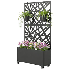 Jardinière avec treillis, bac à fleurs, lit surélevé avec brise-vue et roulettes verrouillables, pour plantes grimpantes, légumes, métal, intérieur et extérieur, 90 x 30 x 160 cm, noir