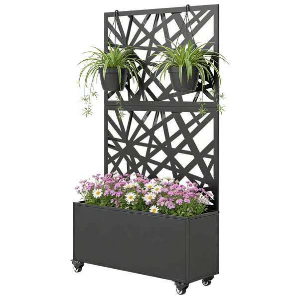 Jardinière avec treillis, bac à fleurs, lit surélevé avec brise-vue et roulettes verrouillables, pour plantes grimpantes, légumes, métal, intérieur et extérieur, 90 x 30 x 160 cm, noir