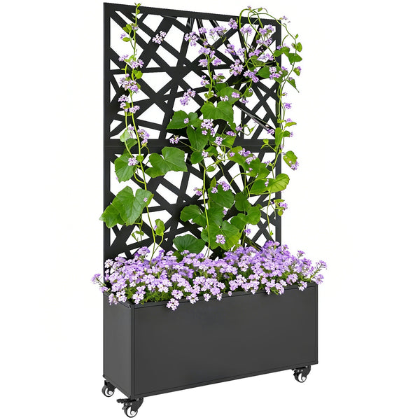 Jardinière avec treillis, bac à fleurs, lit surélevé avec brise-vue et roulettes verrouillables, pour plantes grimpantes, légumes, métal, intérieur et extérieur, 90 x 30 x 160 cm, noir