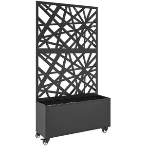 Jardinière avec treillis, bac à fleurs, lit surélevé avec brise-vue et roulettes verrouillables, pour plantes grimpantes, légumes, métal, intérieur et extérieur, 90 x 30 x 160 cm, noir