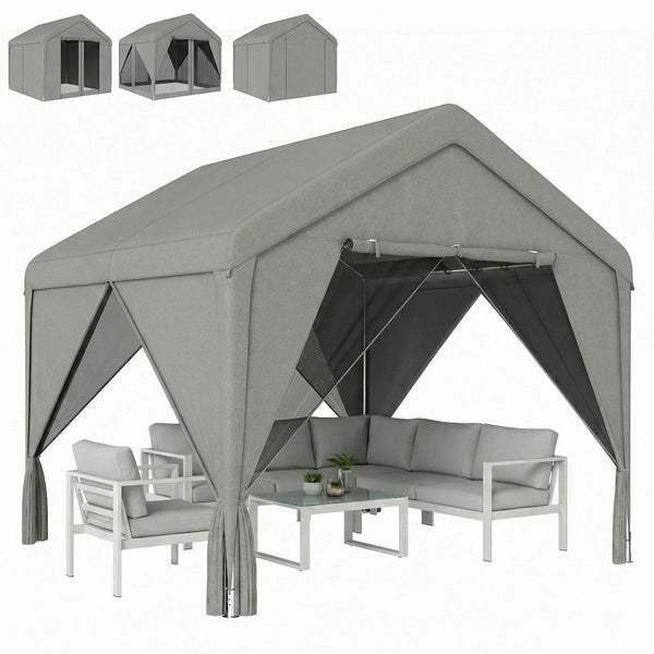 Tonnelle de jardin extérieur 3x3m pavillon de jardin hydrofuge - structure robuste en acier galvanisé avec toit double pente - barnum avec rideaux et moustiquaire pour fête et terrasse, gris