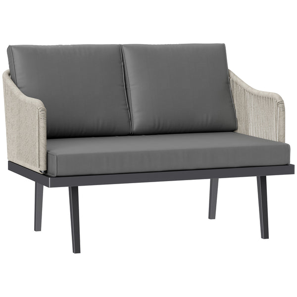 Canapé de jardin 2 places avec coussins en résine tressée, canapé d'extérieur avec accoudoirs, cadre en acier pour jardin, gris foncé
