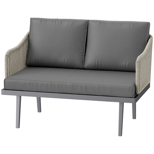 Canapé de jardin 2 places avec coussins en résine tressée, canapé d'extérieur avec accoudoirs, cadre en acier pour jardin, gris foncé