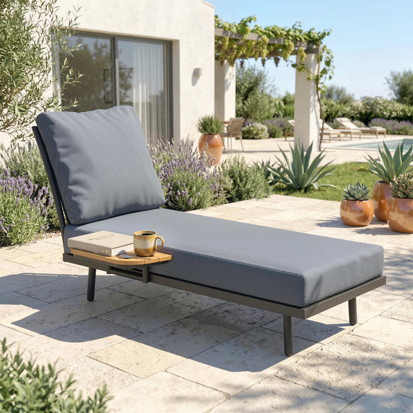 Chaise Longue de Jardin avec Coussins Lavables en Oléfine et Étagère Latérale, Cadre en Métal, Bain de Soleil pour Jardin et Terrasse, Gris