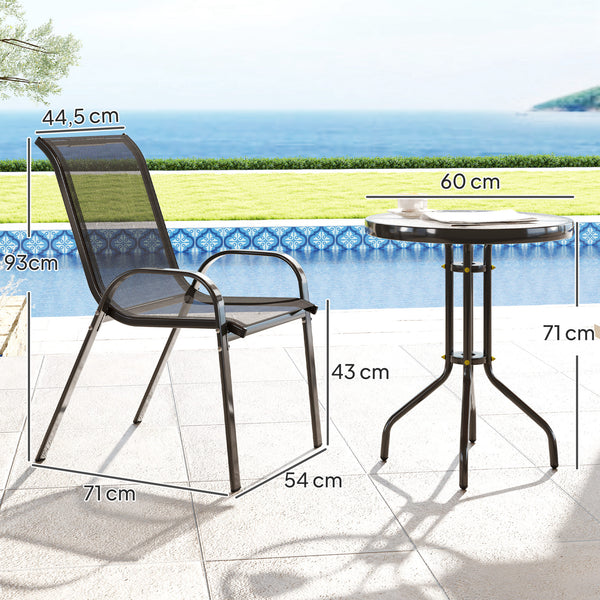 3 pièces salon de jardin extérieur, ensemble de meubles 2 fauteuils empilables, table basse avec dessus en verre trempé, tissu en textilène, pour patio, terrasse, balcon, noir