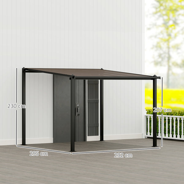 Pergola jardin extérieur en aluminium 3 x 3 m pergola adossée avec toit en polycarbonate imperméable, système de drainage, tonnelle de jardin abri soleil UPF30+ pour terrasse patio cour, gris