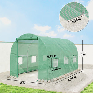 Serre de Jardin Tunnel 4,5L x 2l x 2H m châssis Tubulaire Acier galvanisé renforcé 1,8 cm 6 fenêtres 1 Porte Vert