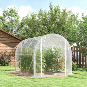Serre tunnel de jardin 6m², serre de jardin tunnel 195x295x195cm avec cadre acier galvanisé, 2 portes, bâche PE haute densité 150g/m² prolongée de 20 cm, pour extérieur transparent