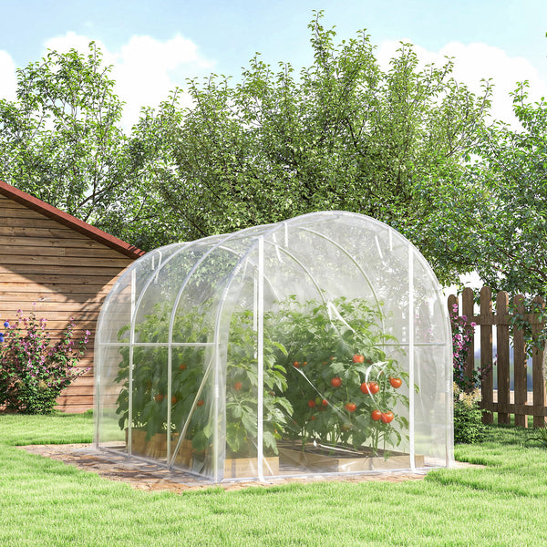 Serre tunnel de jardin 6m², serre de jardin tunnel 195x295x195cm avec cadre acier galvanisé, 2 portes, bâche PE haute densité 150g/m² prolongée de 20 cm, pour extérieur transparent